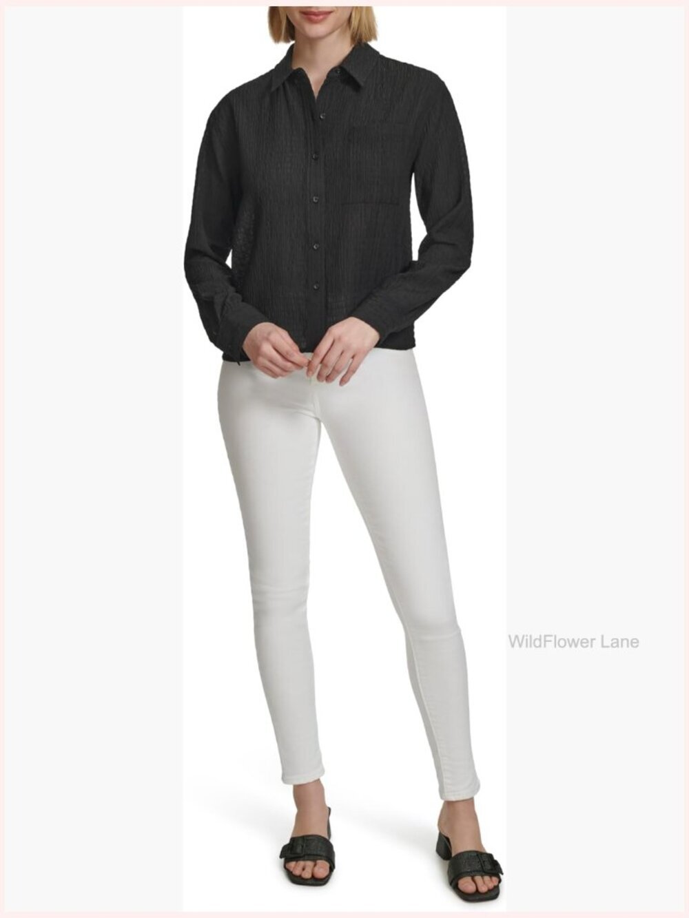 Long Sleeve Button Up Blouse Solid Regular Fit Lightweight